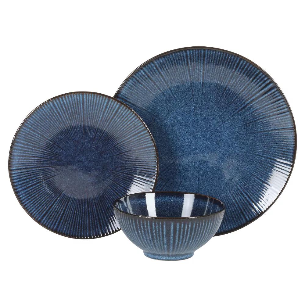 Midnight Luna Plates and Bowls Sets, 12-Piece Stoneware Dinnerware Sets, Reactive Glaze Dish Set - Blue - Image 9