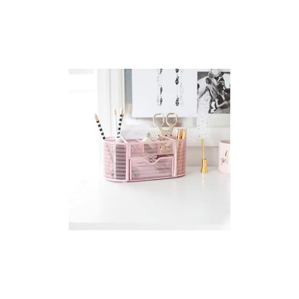 Blu Monaco Small Metal Mesh Desk Organizer with Drawer - Available in Aqua, Gold, and Pink - Image 29