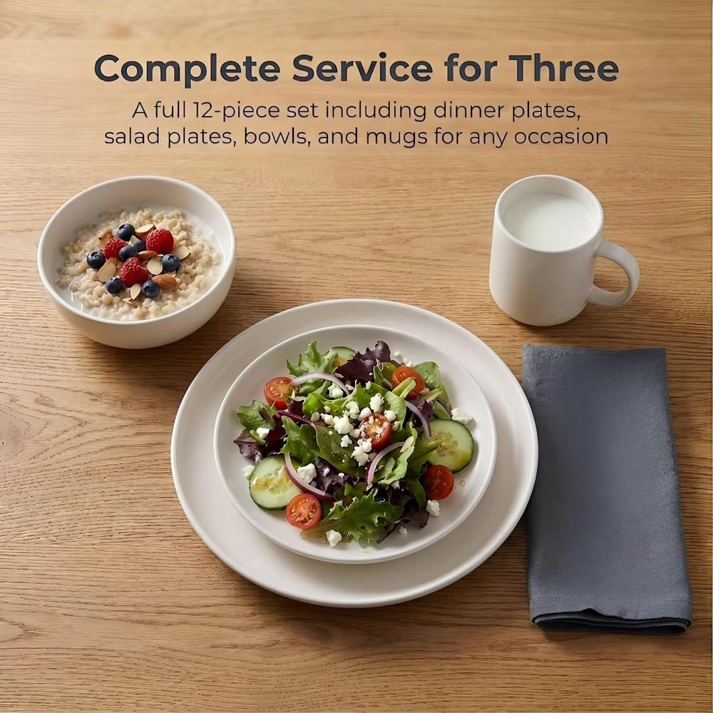 12-Piece Stoneware Dinnerware Set with Mugs, Microwave & Dishwasher Safe, Non-Toxic Dish Set, Plate Set, Stackable Matte Glaze Kitchenware for 3 - Image 38