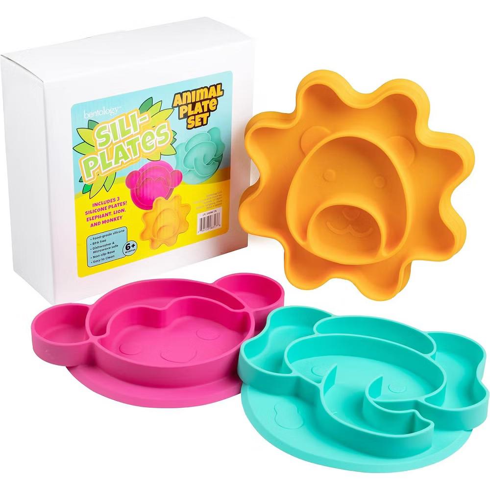 Bentology Silicone Compartment Plates- 3 Pk Animal Set (Lion Monkey Elephant) Divided Sections, Non-Slip Unbreakable, Flexible Shapes- Toddlers, Kids - Image 5