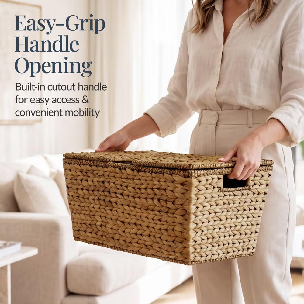 Set of 2 X-Large & Medium Woven Storage Baskets W/Lids, Hyacinth Nesting Organizer Bins - Natural - Image 17