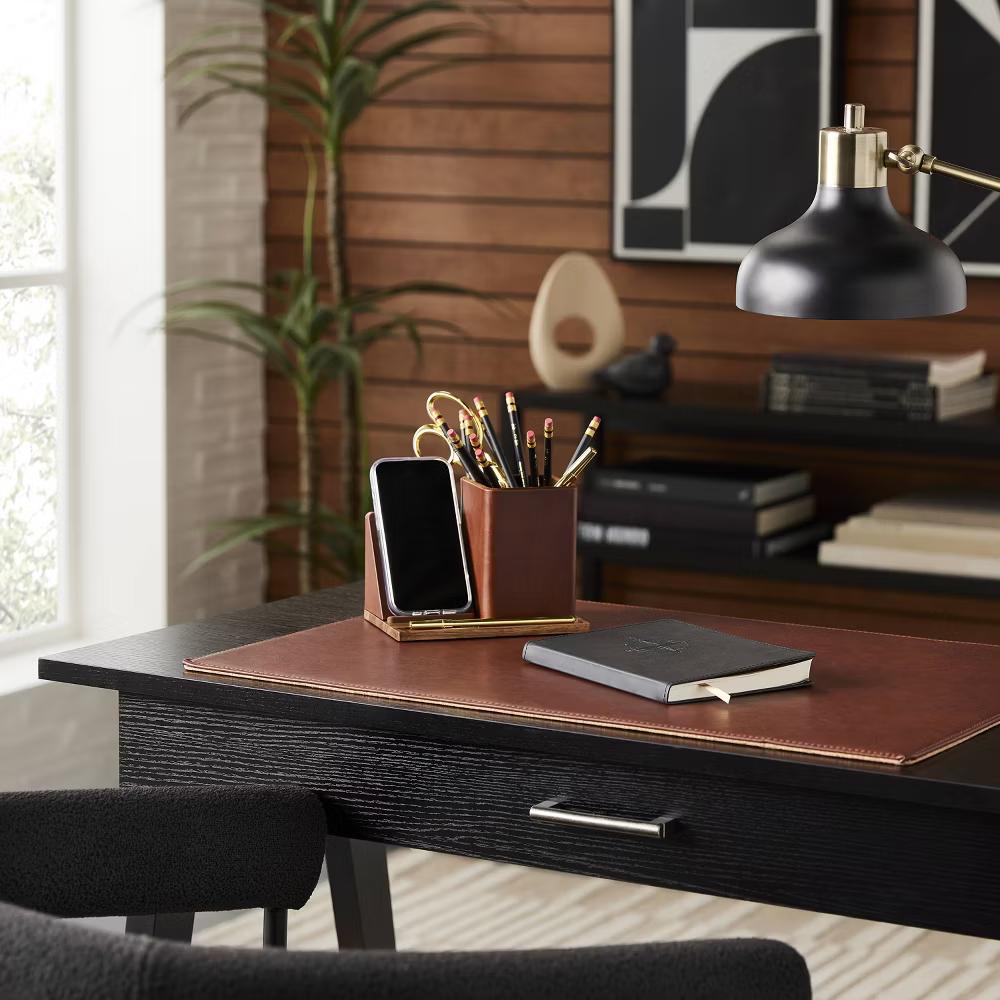 Wireless Charging Stand & Pencil Cup Dark Brown - Desk Organizer, Office Supplies, Faux Leather - Image 2
