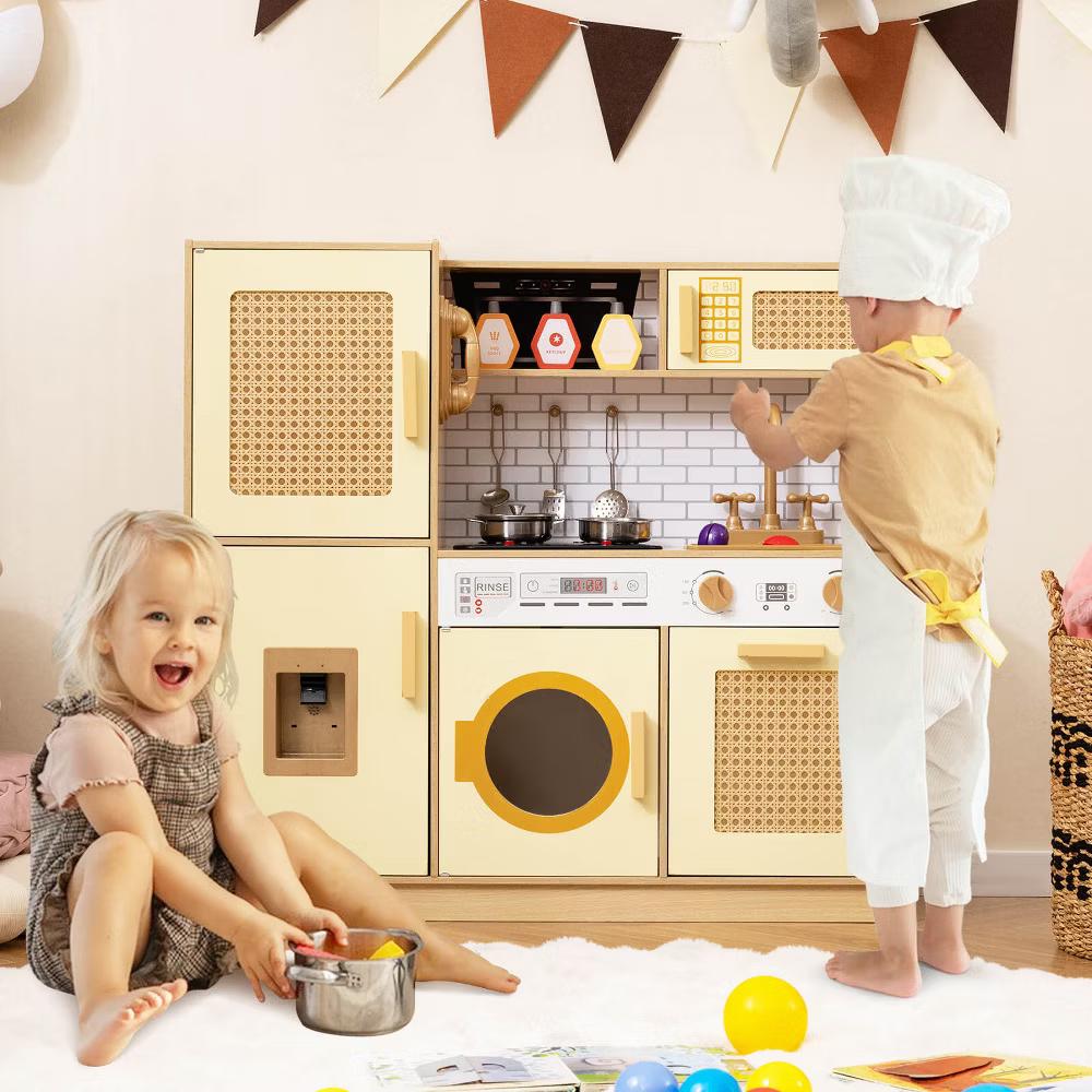 Wooden Kids Kitchen Playset Pretend Play Kitchen with Real Sounds Lights Pink/Yellow - Image 13