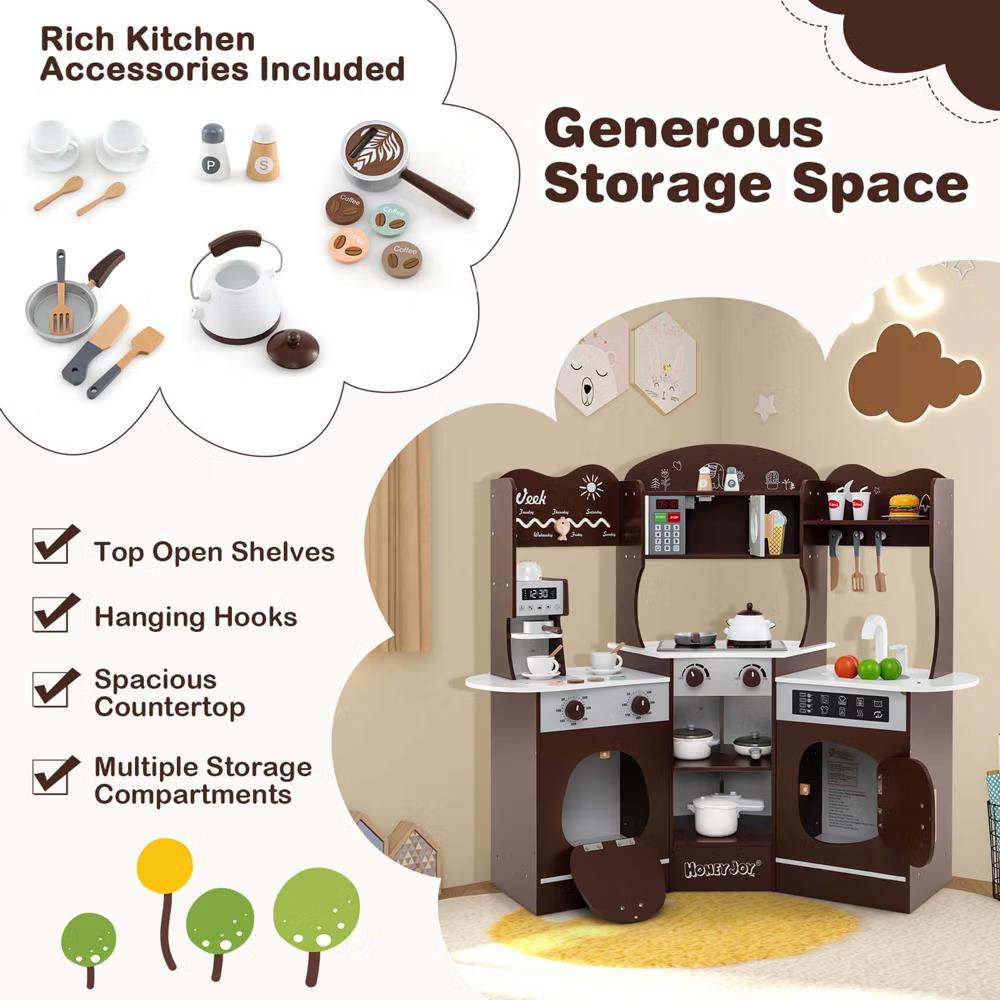 Corner Kitchen Playset with Coffee Machine Oven Microwave Washing Machine White/Brown/Pink - Image 6