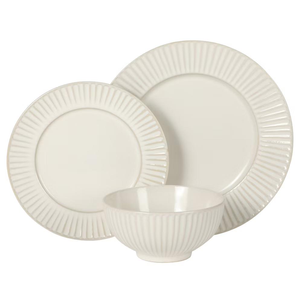 Soleil 12 Piece Linen White Stoneware Dinnerware Set for 4, Plates and Bowls Set with Dinner Plates, Salad Plates and Bowls - Image 11