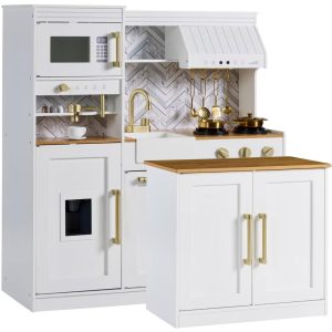 Deluxe Wooden Pretend Play Kitchen with Island and Espresso Machine - White