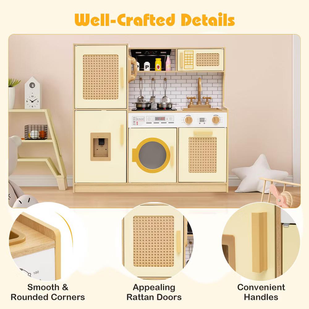 Wooden Kids Kitchen Playset Pretend Play Kitchen with Real Sounds Lights Pink/Yellow - Image 14
