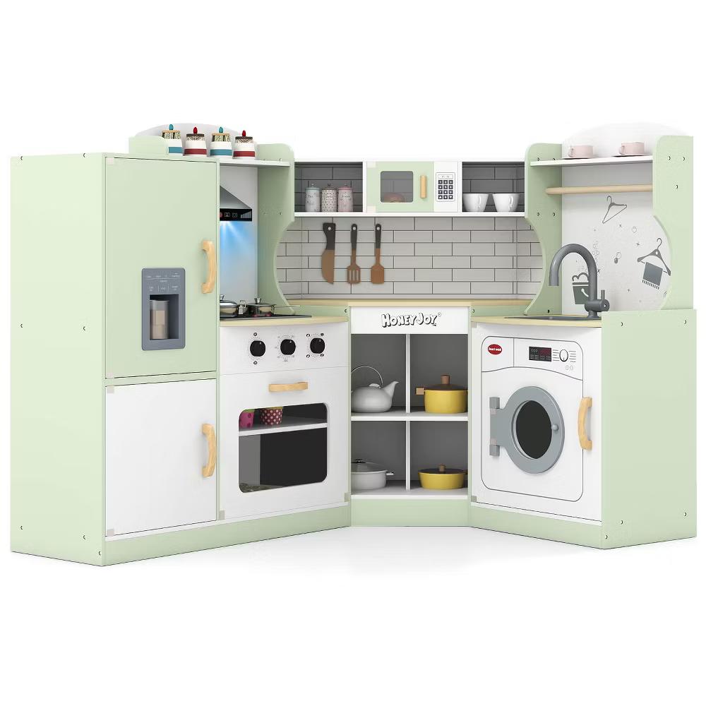 Corner Play Kitchen Toddler Kitchen Playset with Range Hood, Ice Maker, Microwave White/Pink - Image 15
