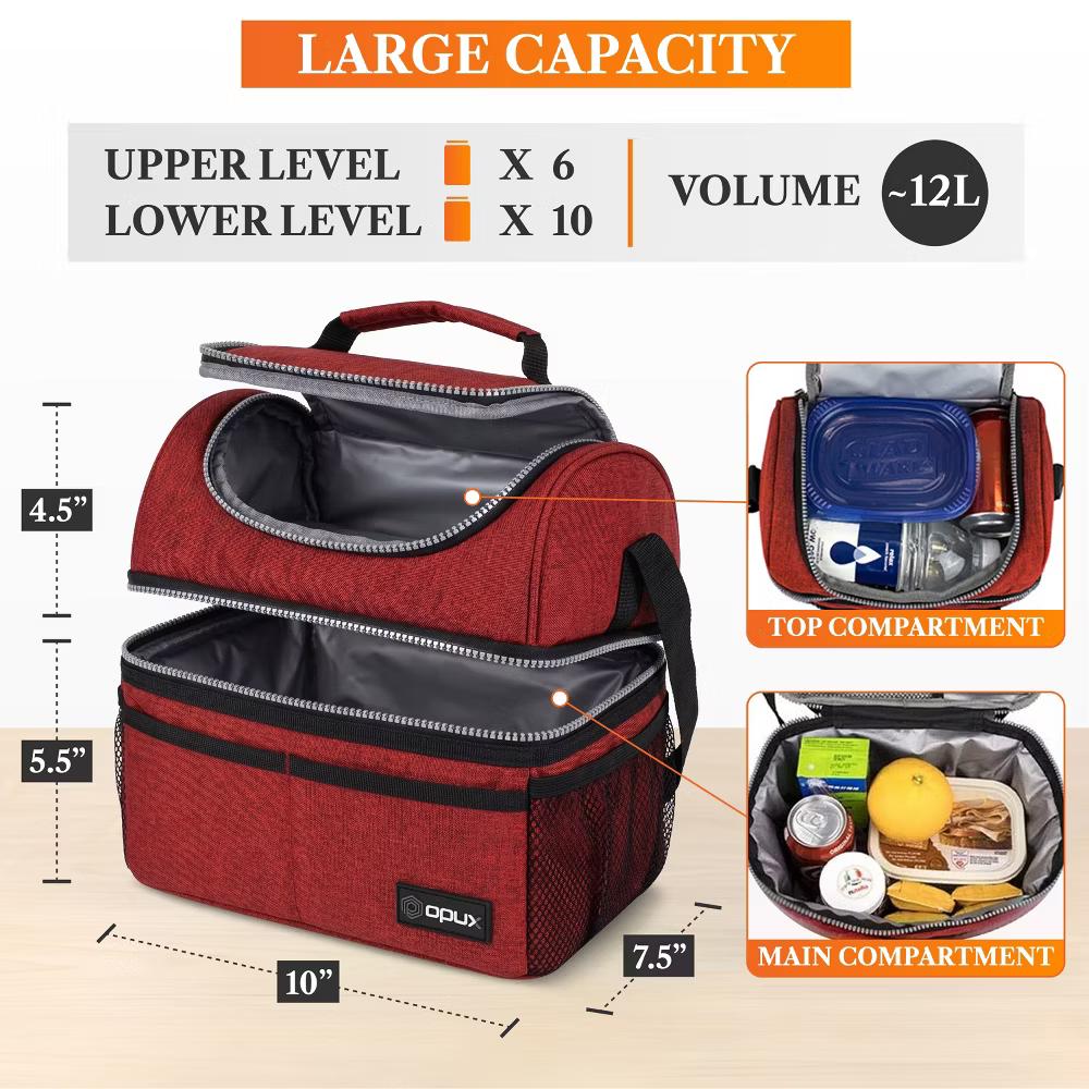 Double Decker Lunch Box Men Women, Insulated Leakproof Cooler Bag Adult Work, Dual Compartment Pail Tote Boys Girls Kids - Image 98