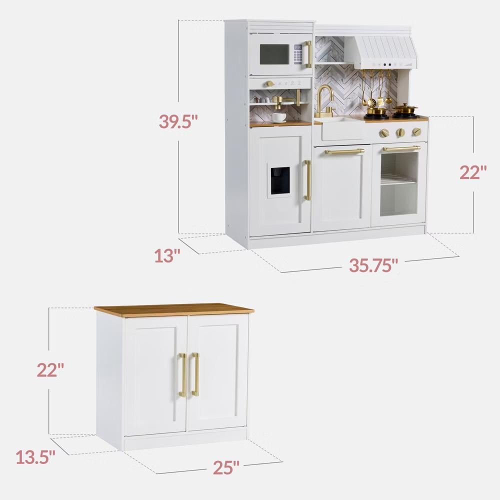 Deluxe Wooden Pretend Play Kitchen with Island and Espresso Machine - White - Image 16