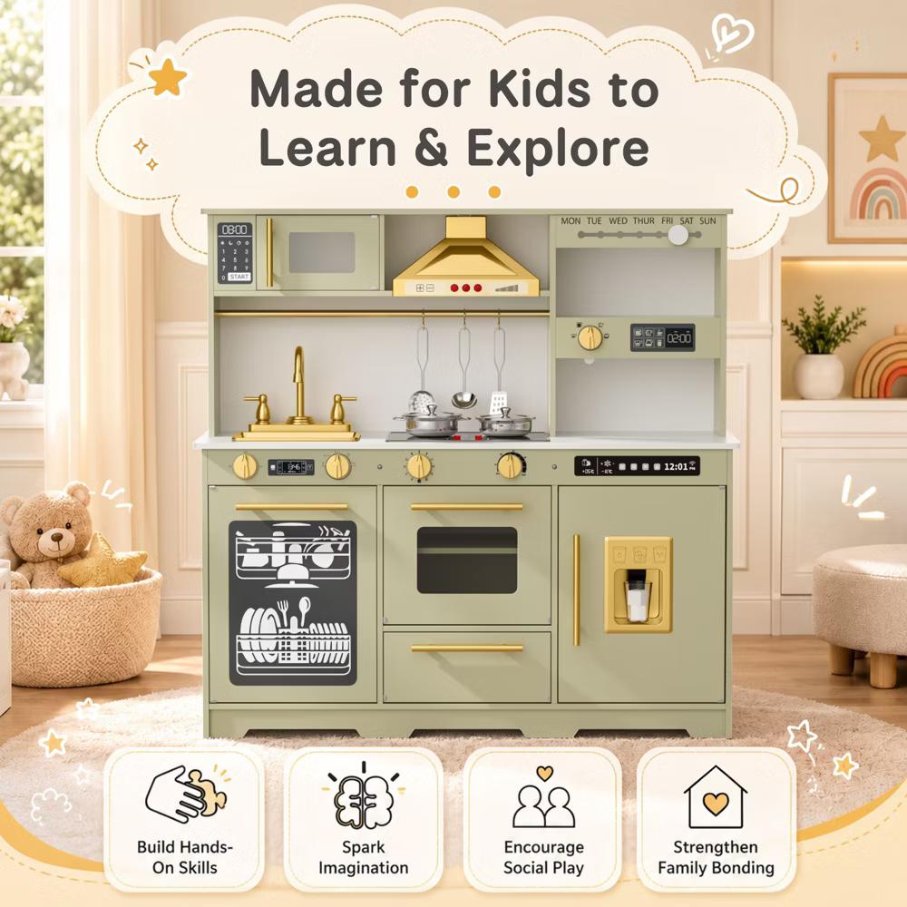 Wooden Play Kitchen for Kids with Running Water Sink, Interactive Stove, Ice Maker, Microwave, Oven & Dishwasher, Ages 3+ - Image 46
