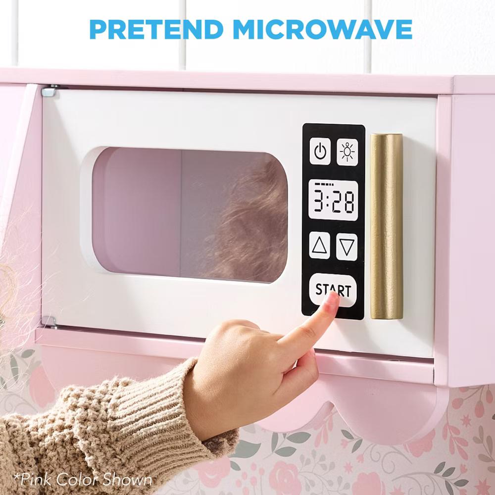 Wooden Cottage Kids Pretend Play Kitchen with 5 Accessories and Toy Storage - White - Image 23