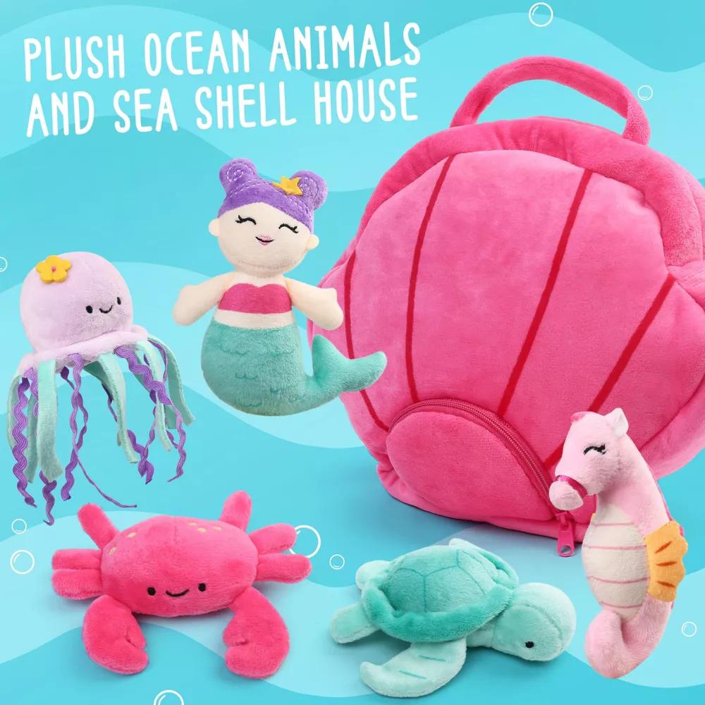 Ocean Stuffed Animal, 5 Pack Small Sea Creature Plush Toys and Shell Carrying Bag Set, Cute Plushies for Baby Kids - Image 4
