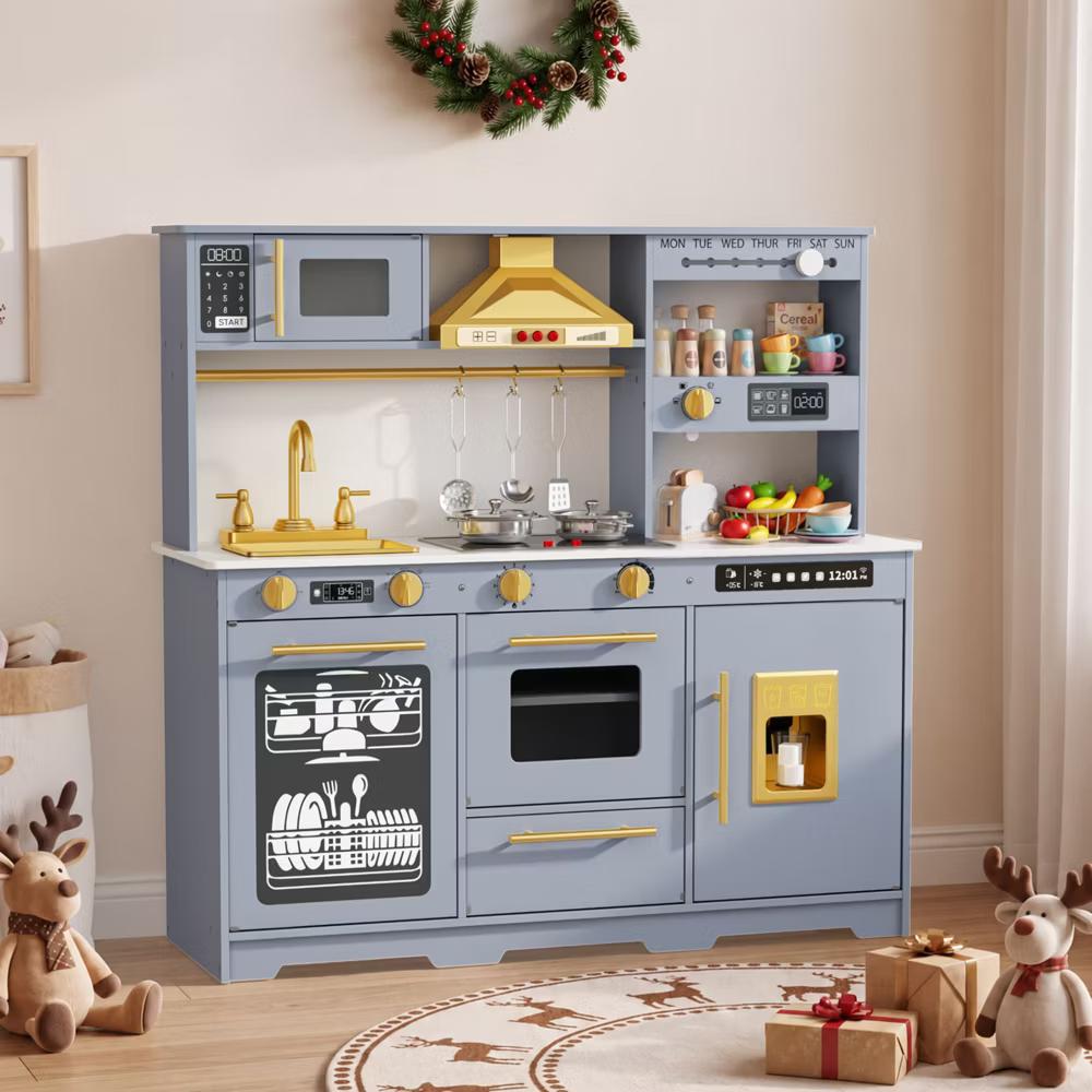 Wooden Play Kitchen for Kids with Running Water Sink, Interactive Stove, Ice Maker, Microwave, Oven & Dishwasher, Ages 3+ - Image 33