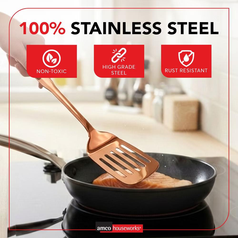 Amco 5-Piece Stainless Steel Cooking Utensil Set, Copper Finish, Includes Kitchen Ladle, Slotted Turner, Skimmer, Solid Spoons, 14" with Hanging Holes - Image 8