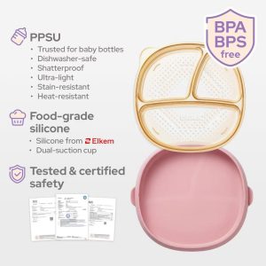4 PCS Toddler Plates with Suction Base Spoons & Fork Baby Divided Dishes for 0 1 2 3 Years Old PPSU & Food Grade Silicone BPA Free Rose Clay