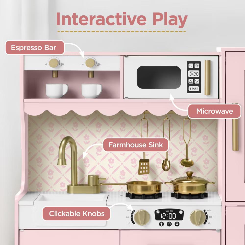 Wooden Cottage Kids Pretend Play Kitchen with 11 Accessories, Espresso Machine - Pink - Image 22