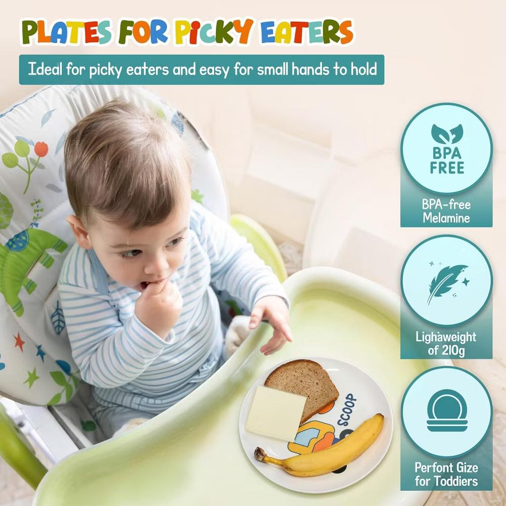 4E’s Novelty Construction Kids Plate Set – 4-Pack Melamine Toddler Plates - Image 7