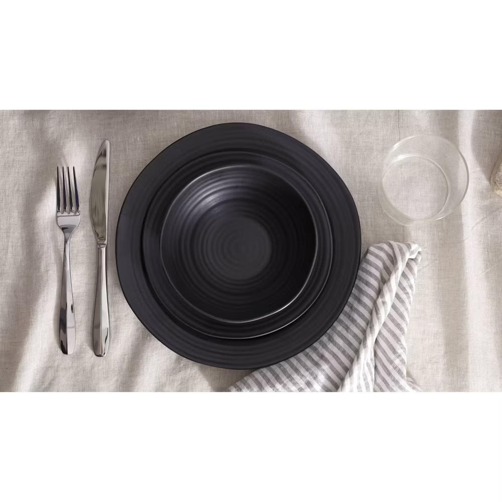 Oneida 12pc Stoneware Dinnerware Set Ridge Black: Matte Black Dishes, Swirl Pattern, Service for 4, Dishwasher-Safe - Image 2