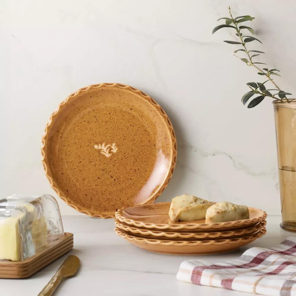Set of 4 6.5" Pinched Edge Stoneware Appetizer Plates Gold - with Magnolia - Image 4