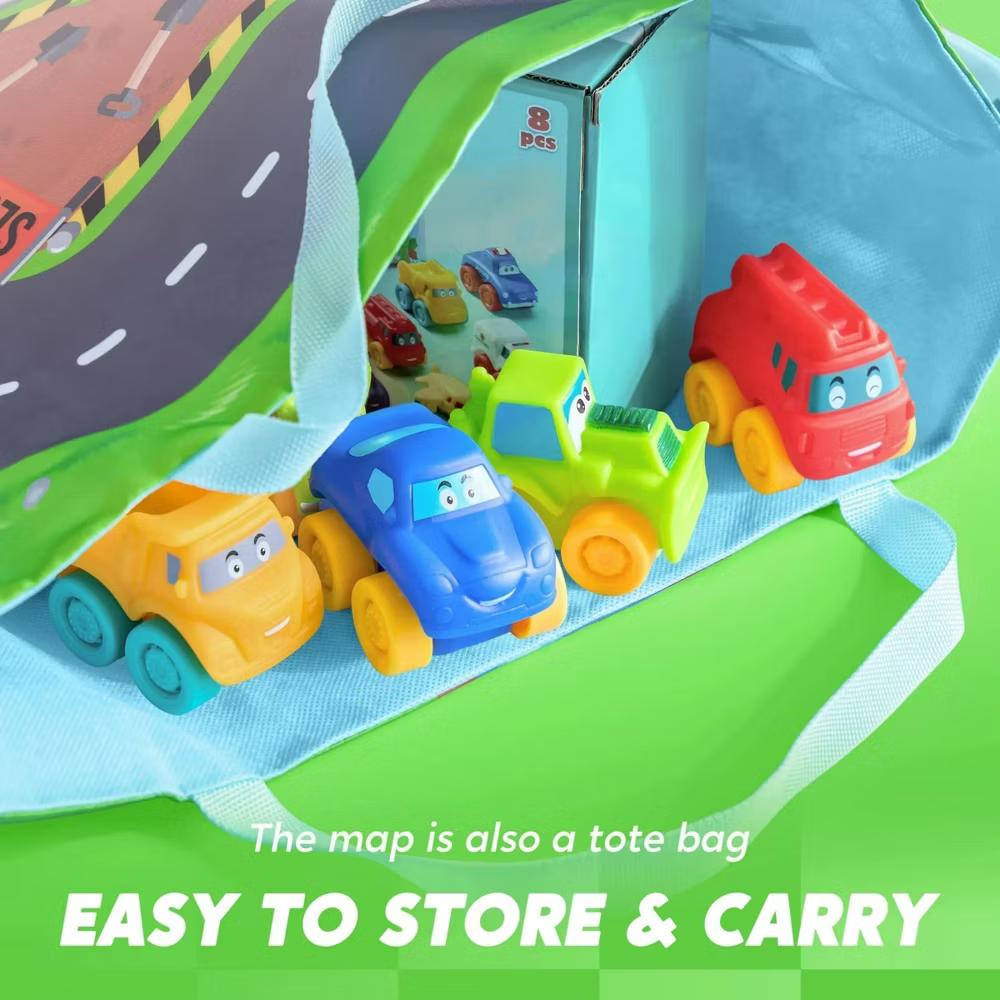 8 PCS Rubber Cartoon Cars with Play Mat, Mini Bath Toy Car for Toddlers, Boy Toys Birthday Gift, Party Favors for Kids Toddlers 2 3+ Year Old - Image 8