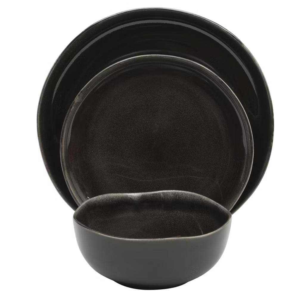 Soho Lounge Nardini 12 Piece (Service for 4) Plates and Bowls Reactive Glaze Dishes Stoneware Ceramic Dinnerware Set - Black and Blue - Image 3