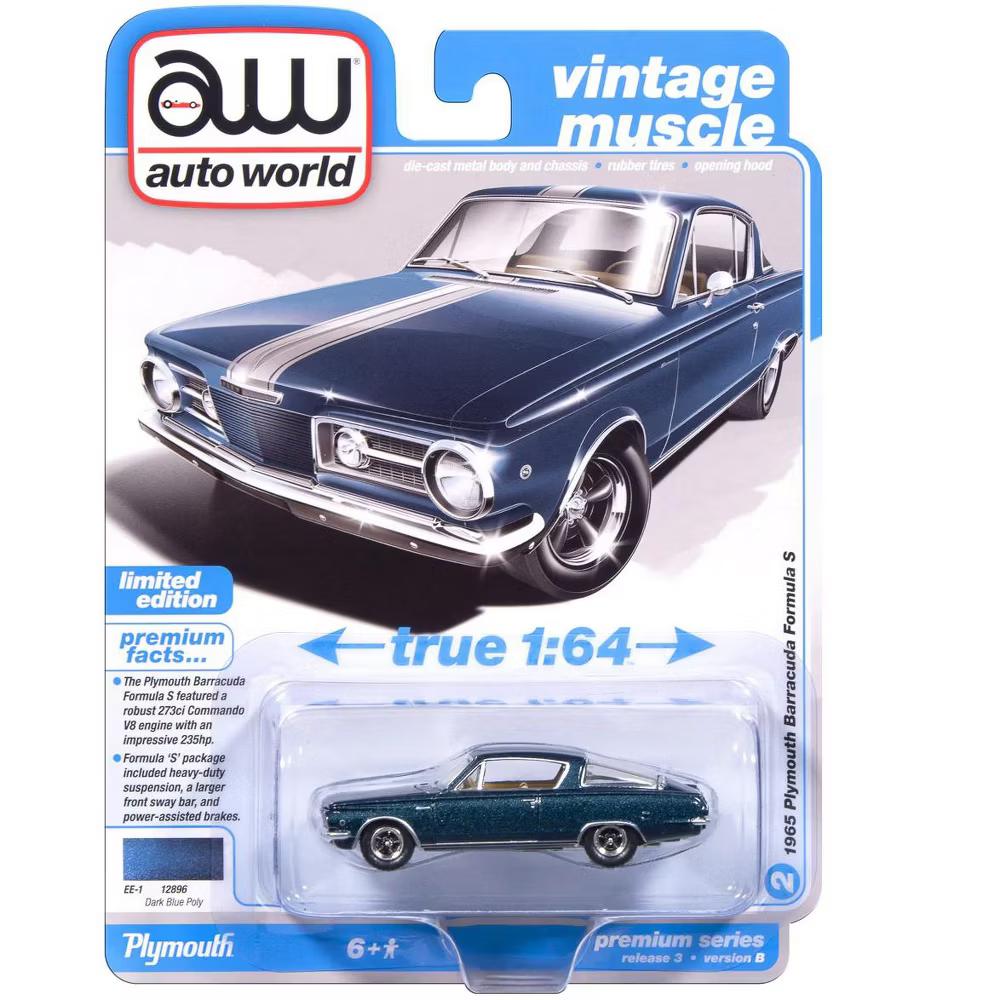 1965 Plymouth Barracuda Formula S Dark Blue Metallic with Silver Stripe "Vintage Muscle" 1/64 Diecast Model Car - Image 4