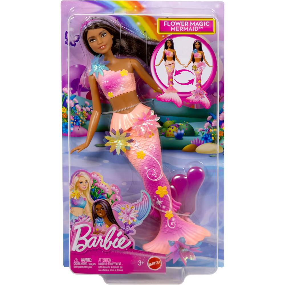 Flower Magic Mermaid Toy Doll with Surprise Blooming Flowers Feature, Long Brown Hair with Purple Highlights