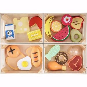 Etokfoks Wooden Play Food Set 18 Piece Pretend Kitchen Toy Food Groups for Toddlers 1 2 3 Year Olds Includes 4 Storage Boxes