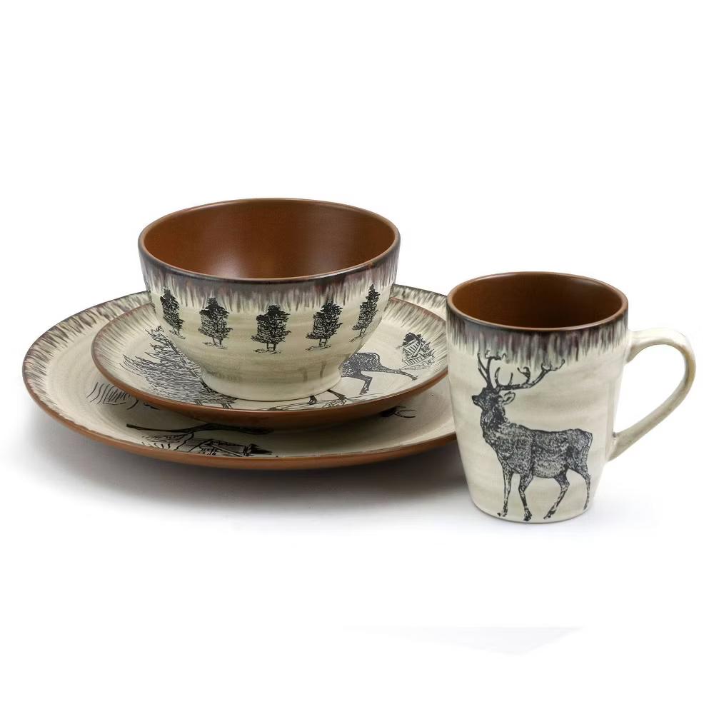 16pc Stoneware Forest Cabin Dinnerware Set Brown - Microwave & Dishwasher Safe, Service for 4, Forest Animals Pattern - Image 7