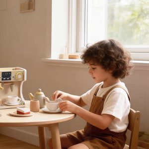 Freniland Wooden Kids Coffee Maker Toy,22‑Piece Pretend Café Playset with Cups, Tea Pot, Milk, Desserts & Accessories, Kitchen Toy for Toddlers