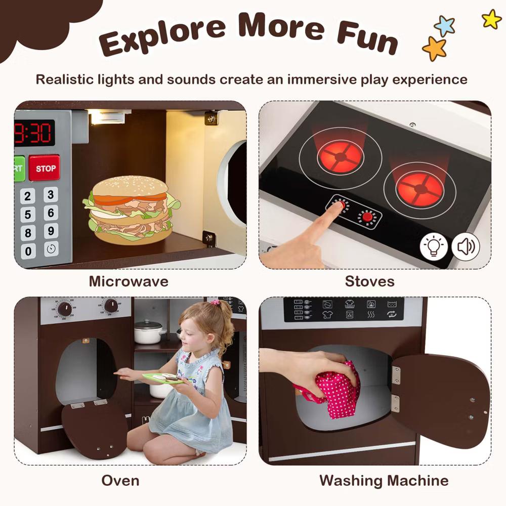 Corner Kitchen Playset with Coffee Machine Oven Microwave Washing Machine White/Brown/Pink - Image 4