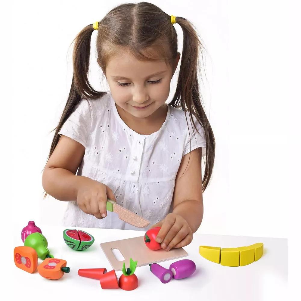 35pc Wooden Play Food Set for Kids, Pretend Cutting Fruits and Vegetables Toy with Tray, Dishes and Toy Knife - Image 3