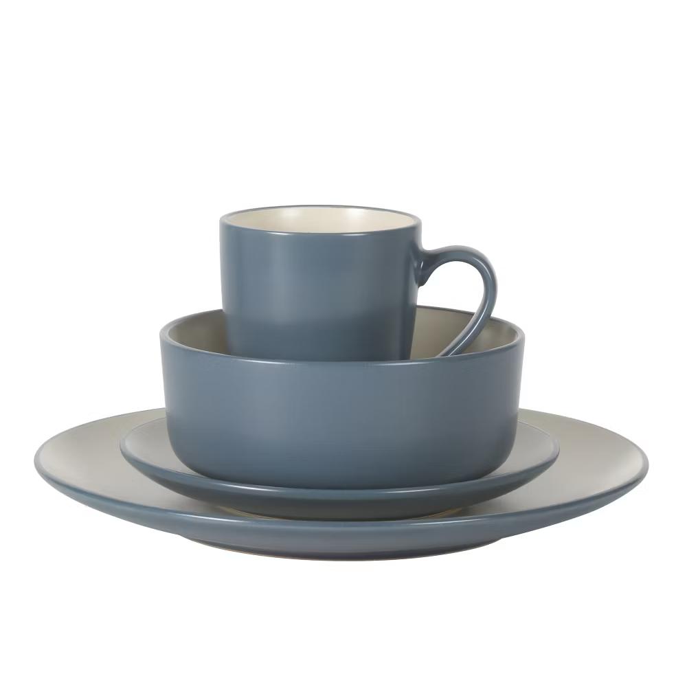 Oxford Blue Plates and Bowls Sets, 16 Piece Stoneware Dinnerware Sets for 4, Dinner Plates Dessert Plates Bowls Mugs