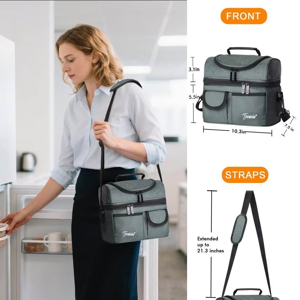 Dual Compartment Insulated Lunch Bag, Leakproof Lunch Tote with Front Pocket, Insulated Lunch Cooler Bag with Back Mesh Pocket - Image 6