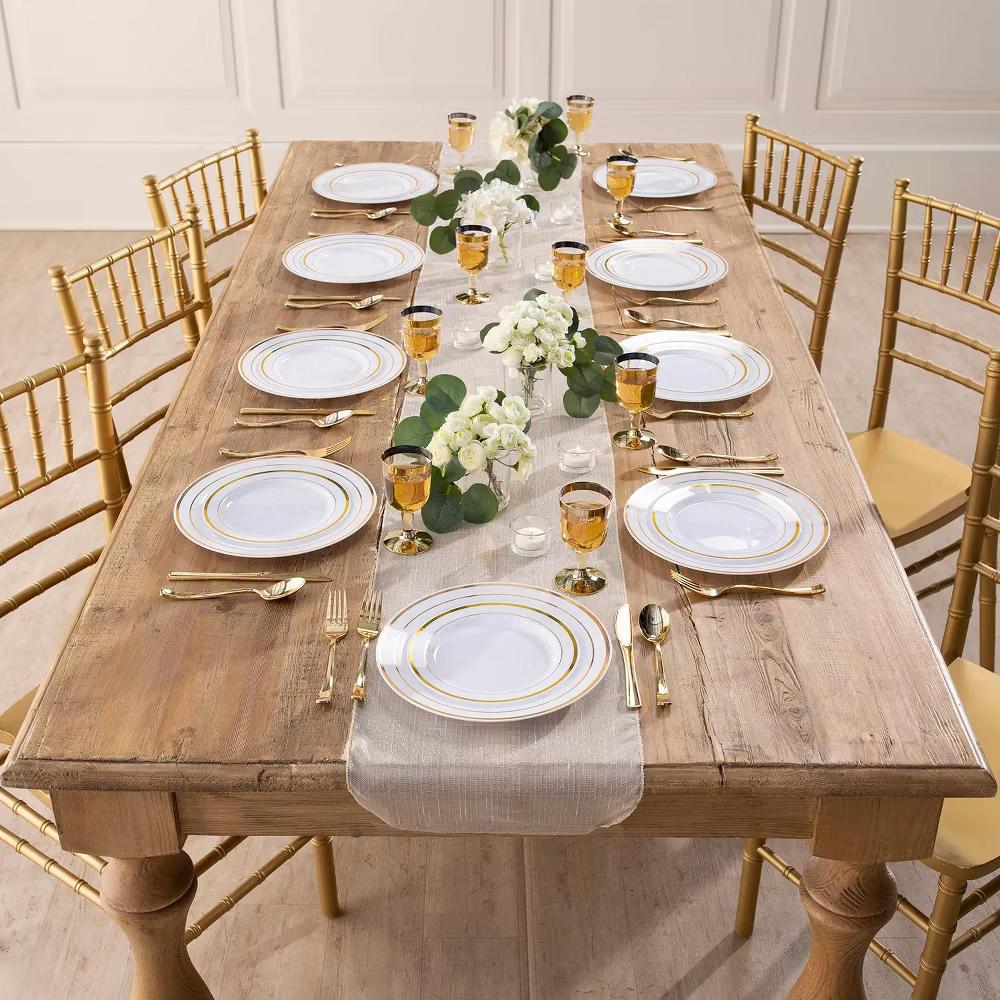 Premium White Plastic Dessert Plates with Gold Trim - 25 Ct. - Image 2