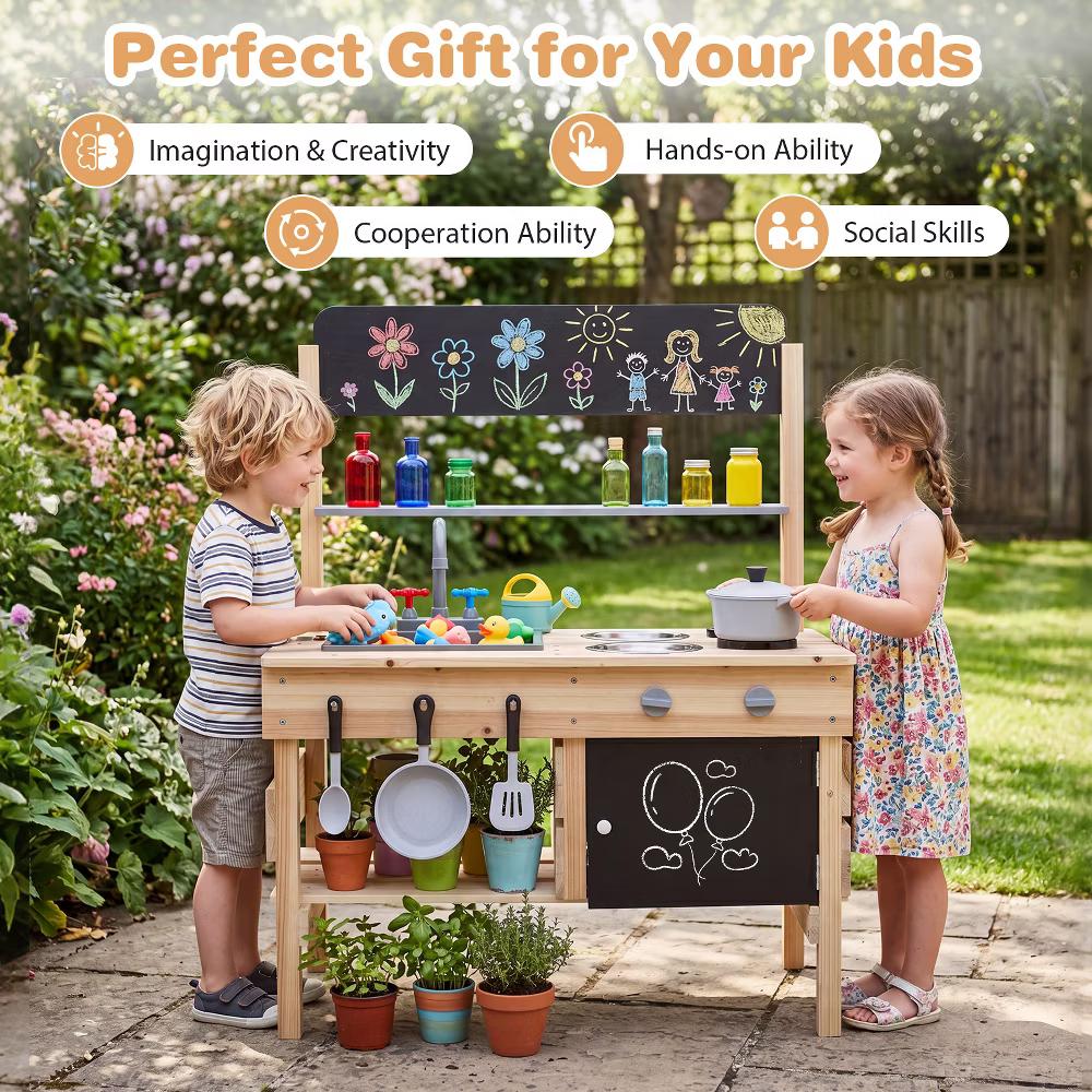 Outdoor Mud Kitchen for Kids, Wooden Play Pretend Kitchen with Cooking Accessories Natural - Image 8