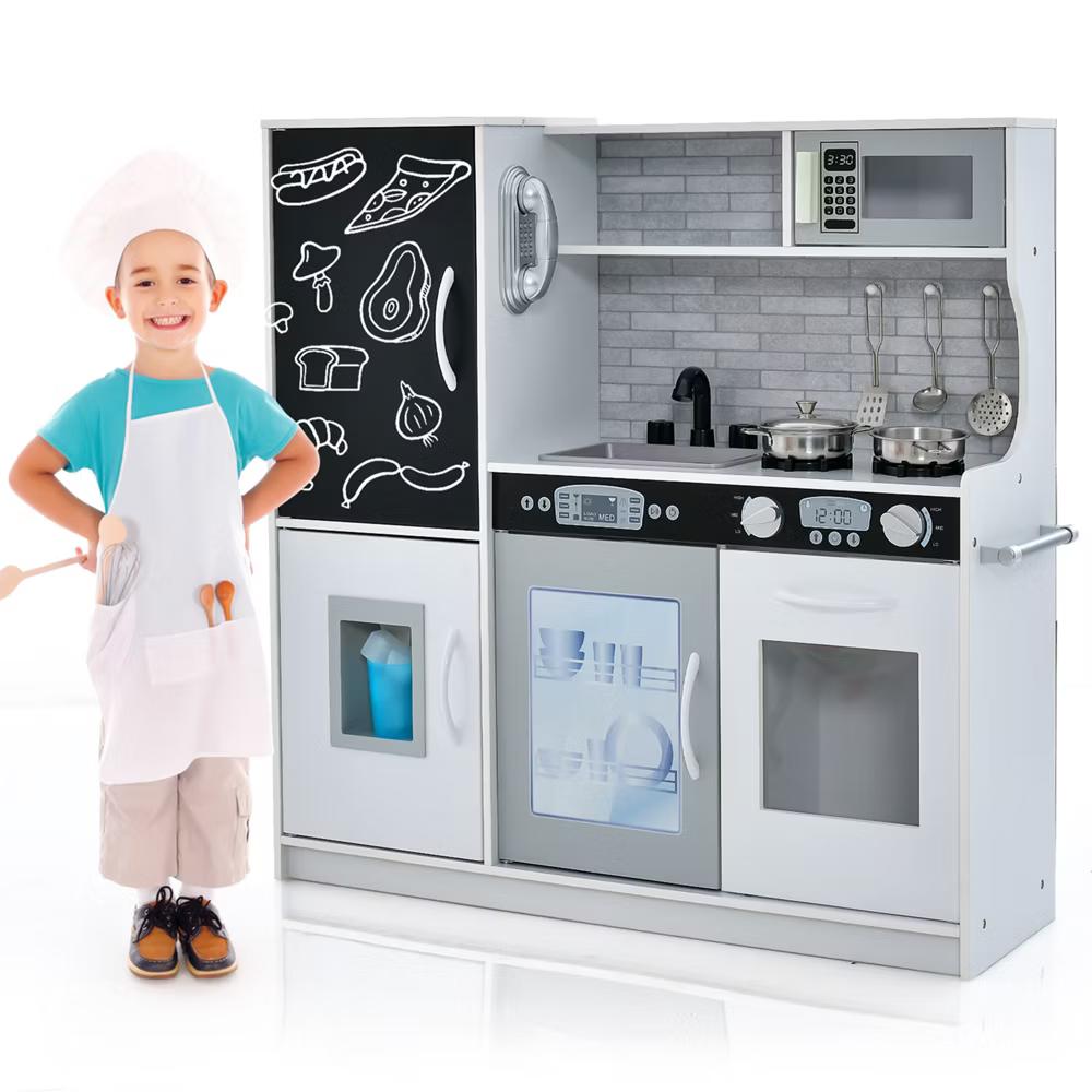 Kid's Pretend Play Kitchen Toddler Kitchen Playset with Blackboard Pink/White/Light Pink/Beige - Image 71