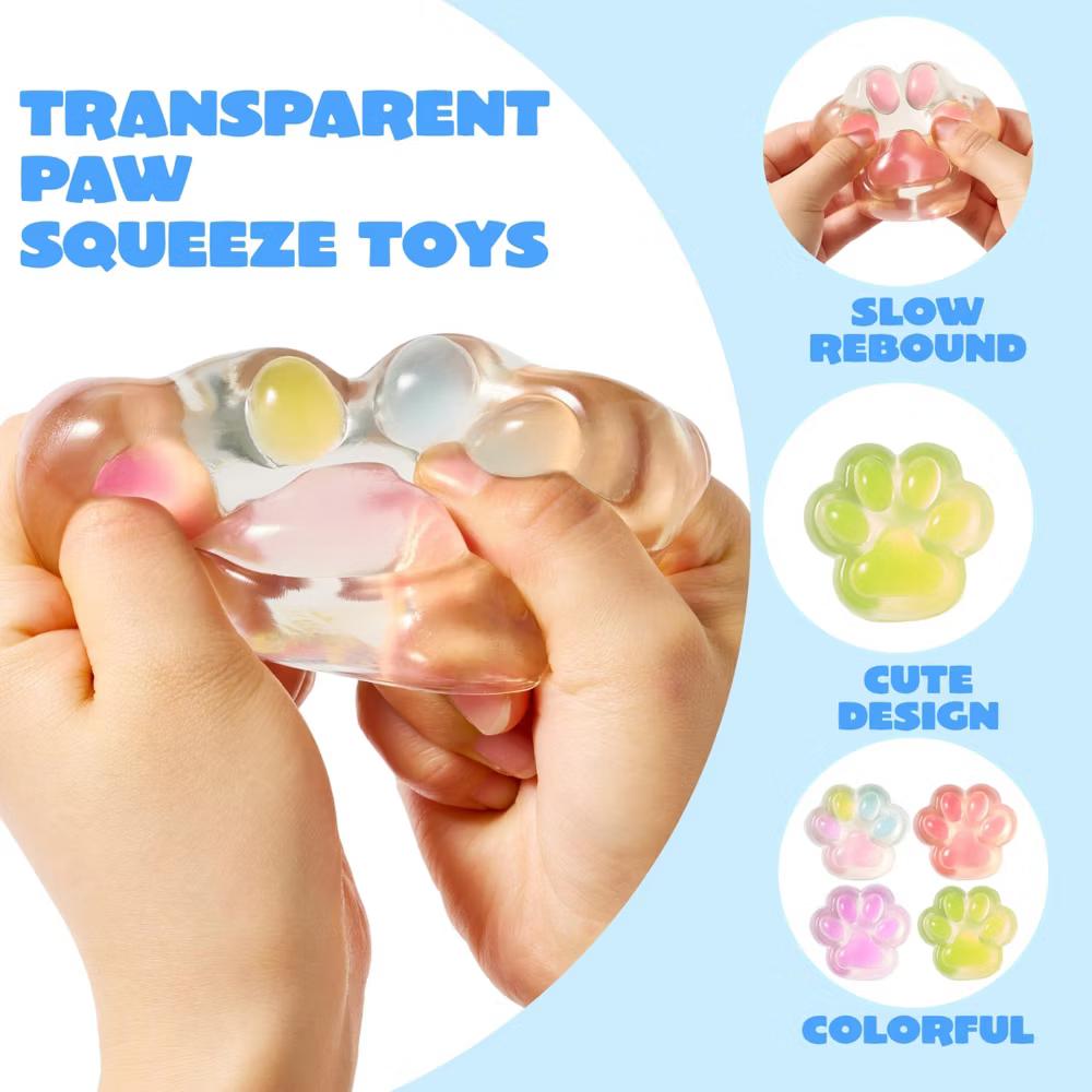 4 Pcs Taba Paw Squeeze Toys,Transparent Cat Paw Fufu Squishy Toys, Soft Sensory Fidgets, Stress Relief Cute Toys, Birthday Gifts for Kids Adults