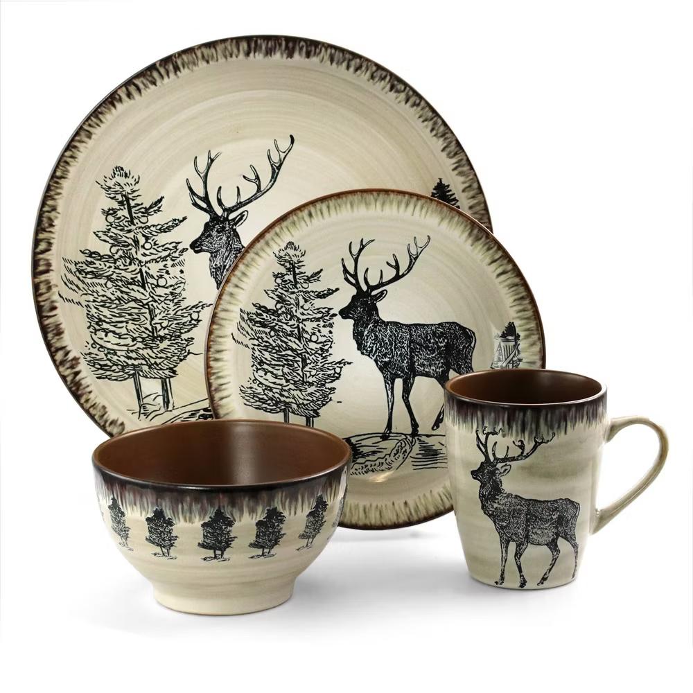 16pc Stoneware Forest Cabin Dinnerware Set Brown - Microwave & Dishwasher Safe, Service for 4, Forest Animals Pattern - Image 4