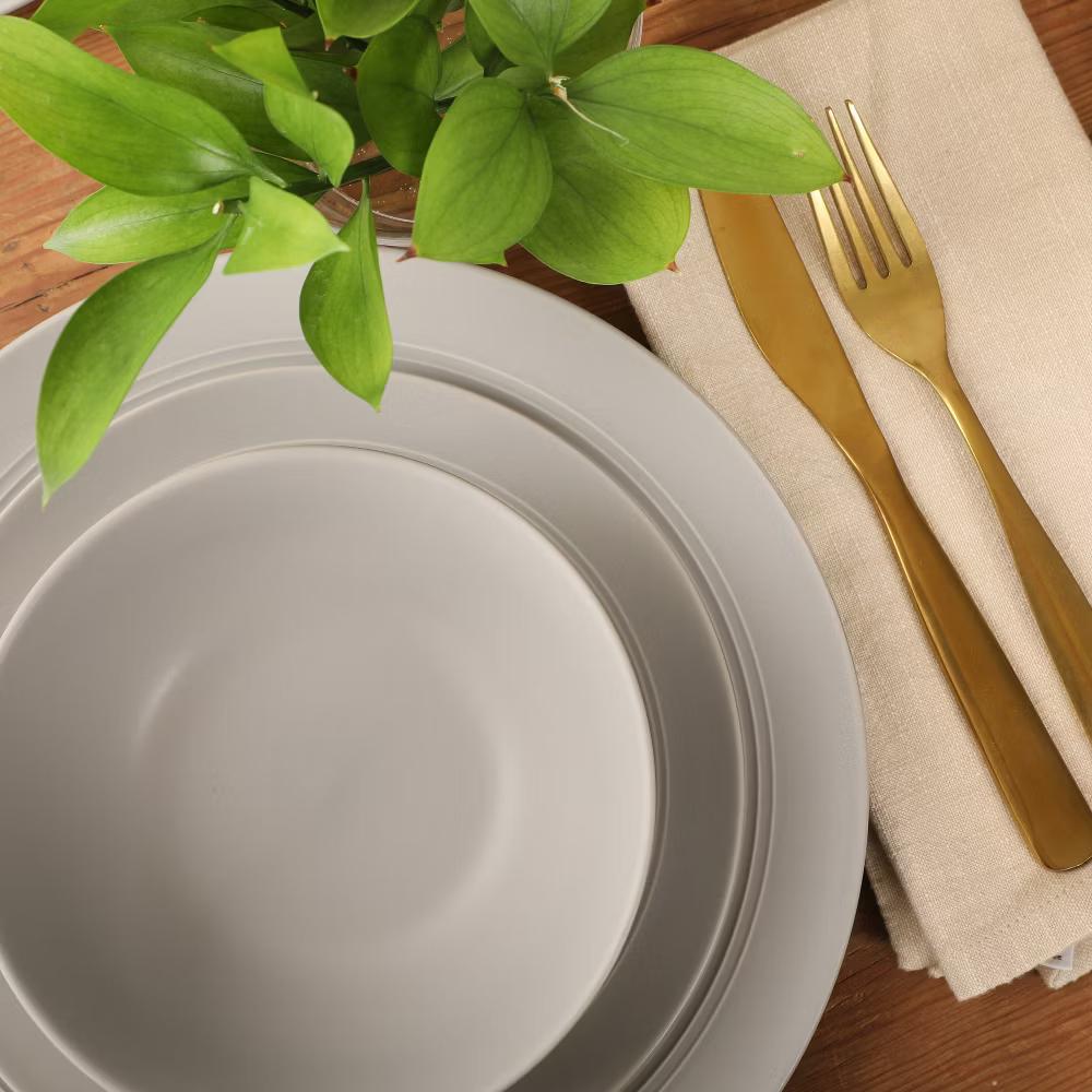 Soleil 12 Piece Linen White Stoneware Dinnerware Set for 4, Plates and Bowls Set with Dinner Plates, Salad Plates and Bowls - Image 7