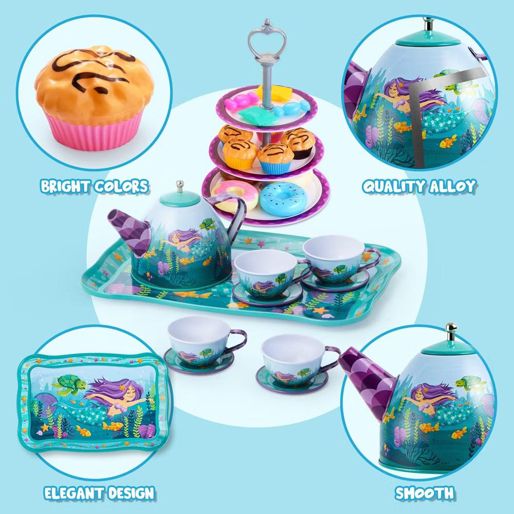 35Pcs Mermaid Tea Party Set for Girls, Pretend Tin Teapot Set, Princess Tea Time Play Kitchen Toy, Birthday Gifts Kids Toddlers Age 2 3 4 5 6 - Image 3