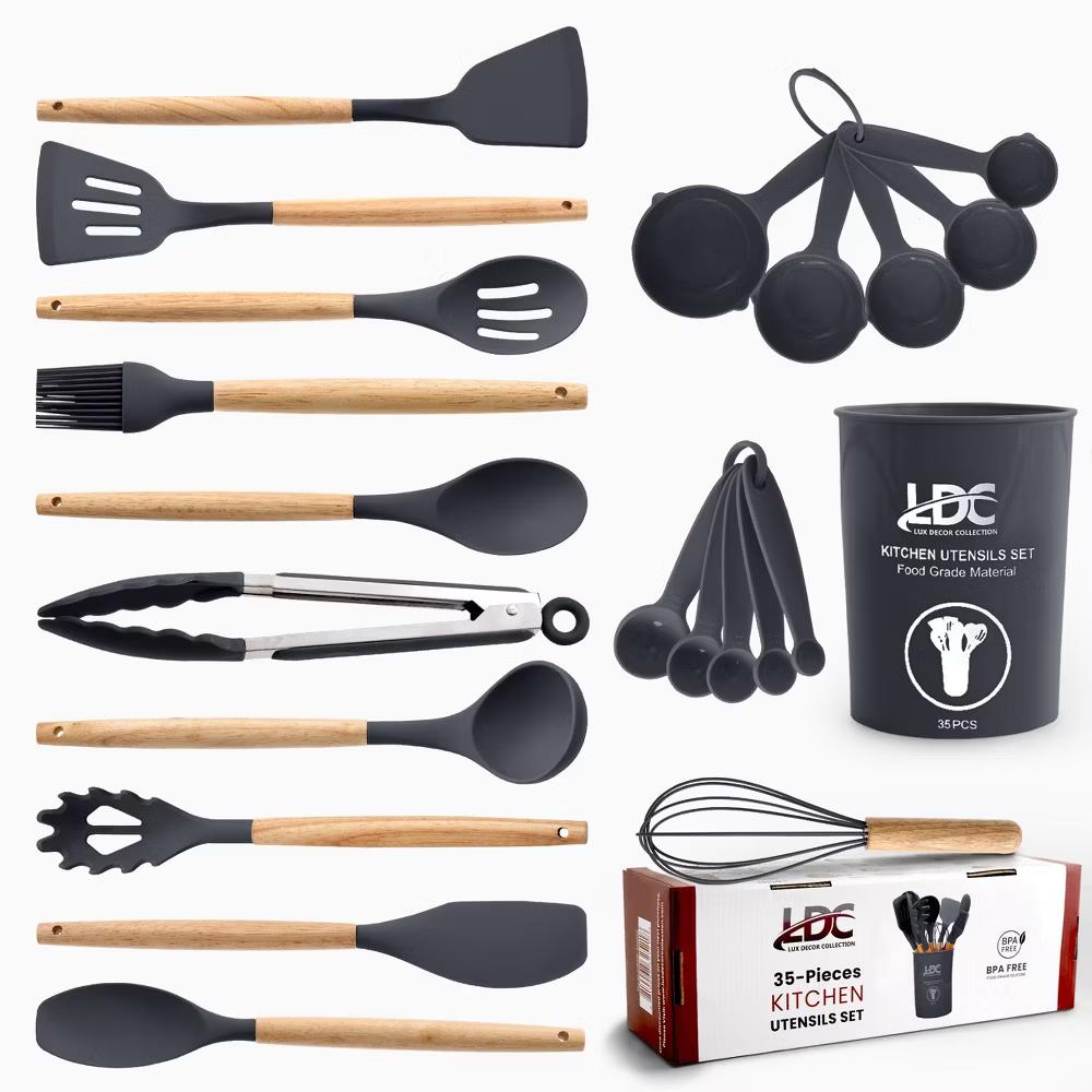 Lux Decor Cooking Utensil Set 35 Piece Silicone and Wood Kitchen Utensil Set with Holder Non Stick Kitchen Gadgets & Tools - Image 9