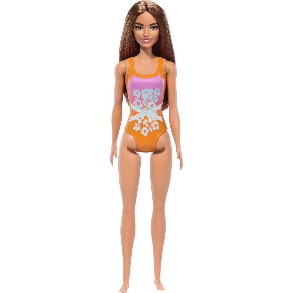 12.7" Beach Doll Brown Hair/Brown Eyes Wearing Tropical Pink and Orange Swimsuit - Image 3