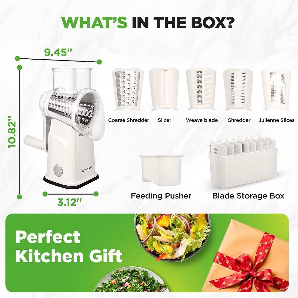 NutriChef 5-in-1 Cheese Grater & Shredder – Hand Crank, 5 Blades, Suction Base & Storage Container - Image 4