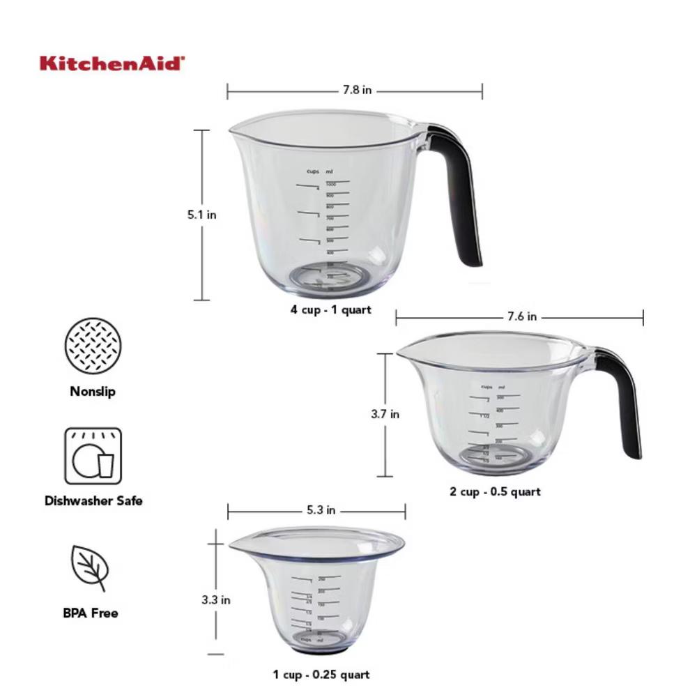 KitchenAid Set of 3 Measuring Cups: Plastic, Dishwasher-Safe, Easy-Pour Spout, 2, 1, & 4-Cup Stackable Design - Image 3