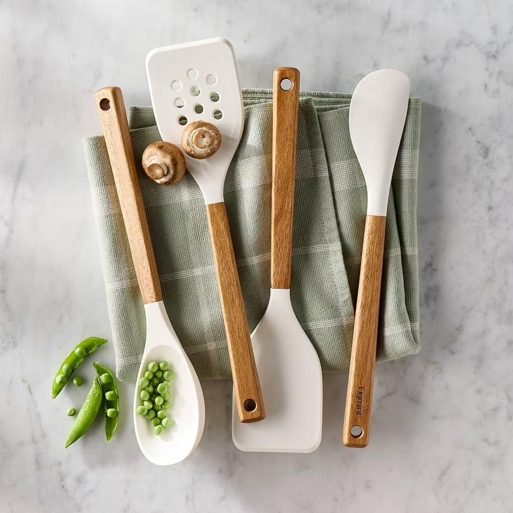 4pc Silicone Kitchen Utensil Set Natural Wood - Image 3