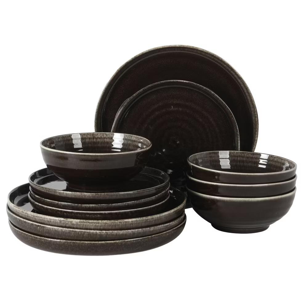 Eclipse Swirls Plates and Bowls Sets, 12-Piece Stoneware Dinnerware Sets, Reactive Glaze Dish Set