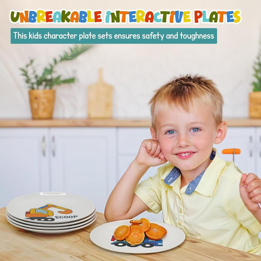 4E’s Novelty Construction Kids Plate Set – 4-Pack Melamine Toddler Plates - Image 4