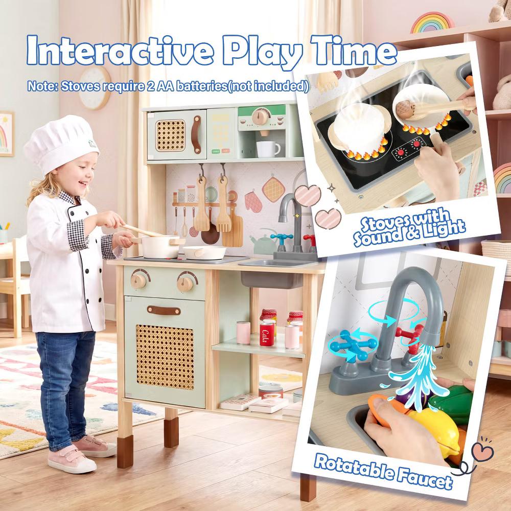 Kids Play Kitchen Wooden Pretend Kitchen Playset w/ Rattan Doors Wood Legs - Image 4